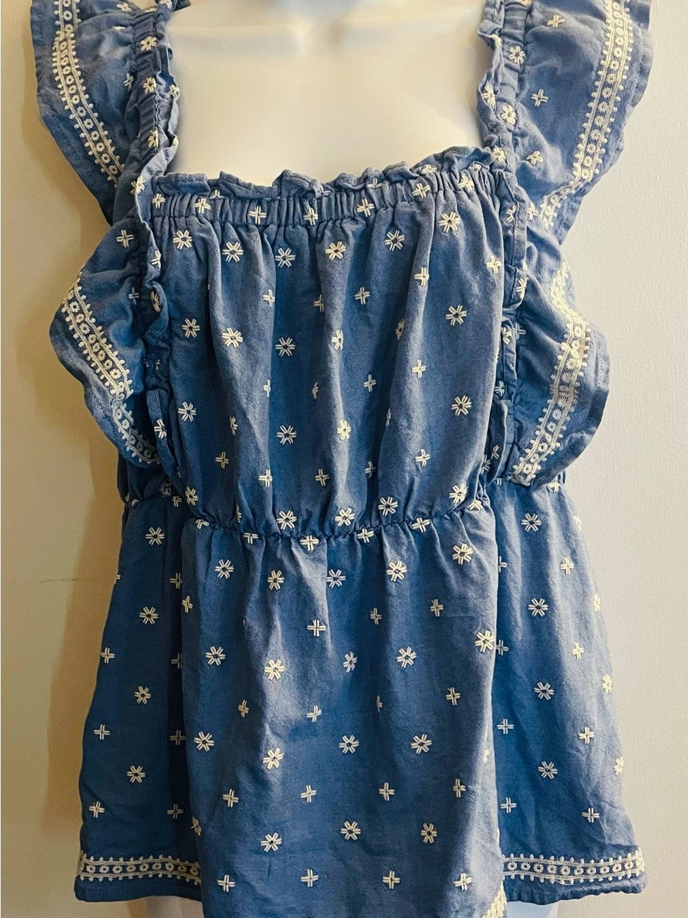 Old Navy Blue Embroidered Ruffle Tank Top